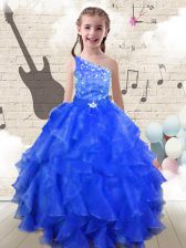  Royal Blue Ball Gowns Organza One Shoulder Sleeveless Beading and Ruffles Floor Length Lace Up Girls Pageant Dresses