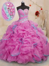 Fabulous With Train Lace Up Ball Gown Prom Dress Rose Pink for Military Ball and Sweet 16 and Quinceanera with Beading and Ruffles Brush Train