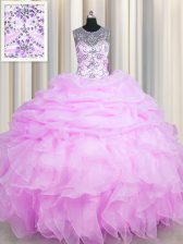 Modest See Through Pick Ups Lilac Sleeveless Organza Lace Up 15 Quinceanera Dress for Military Ball and Sweet 16 and Quinceanera