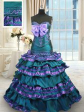 Traditional Ruffled Layers Peacock Green Sleeveless Taffeta Sweep Train Lace Up Quinceanera Dresses for Military Ball and Sweet 16 and Quinceanera