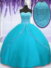  Aqua Blue Sleeveless Floor Length Beading and Sequins Backless Quinceanera Dresses