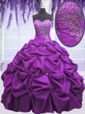  Purple Taffeta Lace Up Sweetheart Sleeveless Floor Length Sweet 16 Quinceanera Dress Appliques and Pick Ups