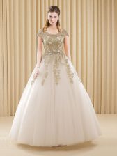 Glorious Scoop Tulle Short Sleeves Floor Length Quinceanera Dress and Beading and Appliques