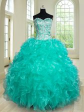 Sweet Turquoise Sleeveless Organza Lace Up Quinceanera Dresses for Military Ball and Sweet 16 and Quinceanera