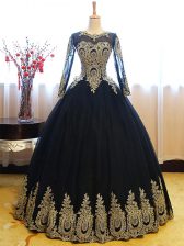 Chic Scoop Sleeveless Tulle Floor Length Lace Up Quinceanera Gowns in Navy Blue with Appliques