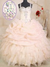 Romantic Pink Ball Gown Prom Dress Military Ball and Sweet 16 and Quinceanera with Beading and Ruffles and Pick Ups Straps Sleeveless Zipper