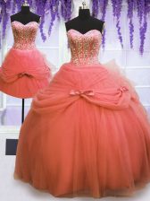 Customized Three Piece Watermelon Red Sleeveless Floor Length Beading and Bowknot Lace Up Sweet 16 Quinceanera Dress