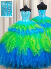  Sleeveless Lace Up Floor Length Beading and Ruffled Layers Quince Ball Gowns