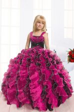  Black and Hot Pink Lace Up Girls Pageant Dresses Beading and Ruffles Sleeveless Floor Length