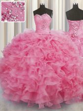  Rose Pink Sleeveless Floor Length Beading and Ruffles Lace Up Quinceanera Gown