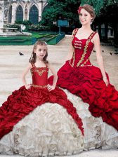  Straps Sleeveless Organza and Taffeta With Brush Train Lace Up Ball Gown Prom Dress in White And Red with Beading and Ruffles and Pick Ups