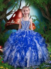  Sleeveless Organza Floor Length Lace Up Little Girl Pageant Dress in Royal Blue with Beading and Ruffles
