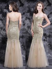Fancy Mermaid Floor Length Champagne Prom Dress Tulle Sleeveless Appliques