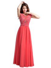Unique Scoop Chiffon Cap Sleeves Floor Length Prom Party Dress and Beading