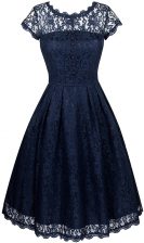  Scalloped Short Sleeves Zipper Navy Blue Organza