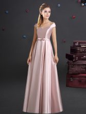  Off the Shoulder Floor Length Empire Cap Sleeves Pink Dama Dress for Quinceanera Zipper