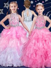 Wonderful Halter Top Sleeveless Beading and Ruffles Zipper Pageant Gowns For Girls