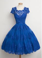 Artistic Square Cap Sleeves Lace Knee Length Zipper Evening Dress in Royal Blue with Lace