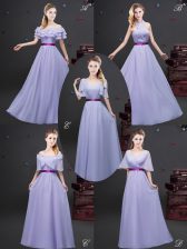  Lavender Off The Shoulder Zipper Ruffled Layers and Ruching and Belt Vestidos de Damas Sleeveless