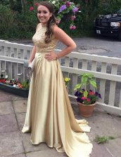 Traditional Gold High-neck Zipper Sequins Dress for Prom Brush Train Sleeveless