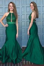 Comfortable Green Mermaid Satin Halter Top Sleeveless Beading and Lace With Train Backless Homecoming Dress Sweep Train