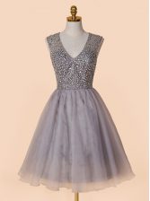  Grey Organza Zipper Prom Party Dress Sleeveless Knee Length Sequins