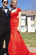 Graceful Mermaid Short Sleeves Sweep Train Backless Lace Dress for Prom