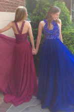  Chiffon Scoop Sleeveless Sweep Train Side Zipper Beading Dress for Prom in Royal Blue