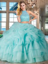  Halter Top Aqua Blue Organza Backless 15 Quinceanera Dress Sleeveless Brush Train Beading and Ruffled Layers and Pick Ups