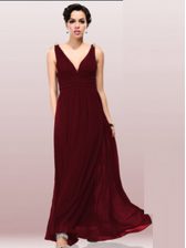  Burgundy V-neck Zipper Ruching Prom Evening Gown Sleeveless