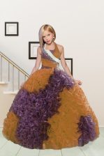  Halter Top Floor Length Lace Up Little Girls Pageant Dress Wholesale Purple and Orange for Party and Wedding Party with Beading and Ruffles