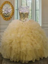 Glittering Scoop Beading and Ruffles Ball Gown Prom Dress Light Yellow Lace Up Sleeveless Floor Length