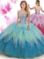 Wonderful Multi-color Ball Gowns Sweetheart Sleeveless Tulle Floor Length Lace Up Beading and Ruffles 15 Quinceanera Dress