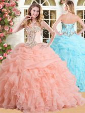  Sleeveless Floor Length Appliques and Ruffles and Pick Ups Lace Up Vestidos de Quinceanera with Peach