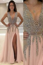 Luxury Champagne V-neck Neckline Beading Dress for Prom Sleeveless Backless