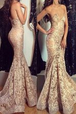  Mermaid Sweetheart Sleeveless Lace Dress for Prom Pleated Sweep Train Zipper
