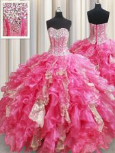 Deluxe Sequins Ball Gowns Sweet 16 Dresses Hot Pink Sweetheart Organza Sleeveless Floor Length Lace Up