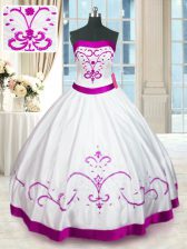 Edgy White Lace Up Strapless Beading and Embroidery and Belt Quinceanera Gown Satin Sleeveless