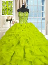  Yellow Green Sleeveless Brush Train Beading and Ruffles With Train Sweet 16 Dresses