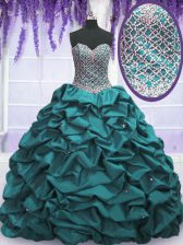 Custom Made Teal Lace Up Sweet 16 Quinceanera Dress Beading and Sequins and Pick Ups Sleeveless Floor Length