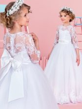  Scoop White Clasp Handle Flower Girl Dresses Lace and Bowknot and Belt 3 4 Length Sleeve With Brush Train