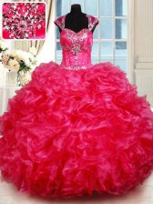 Glamorous Sweetheart Cap Sleeves Organza 15 Quinceanera Dress Beading and Ruffles Backless