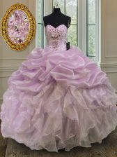Clearance Lilac Ball Gowns Sweetheart Sleeveless Organza Floor Length Lace Up Beading and Ruffles Quinceanera Dresses