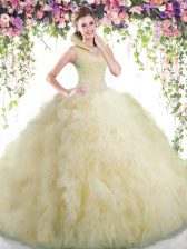  High-neck Sleeveless Backless 15 Quinceanera Dress Light Yellow Tulle