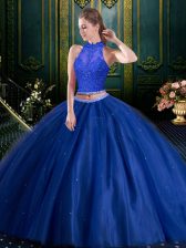 Blue Sleeveless Beading and Lace Floor Length Quinceanera Gowns