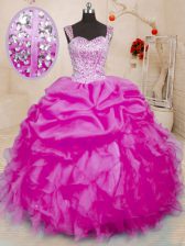  Fuchsia Ball Gowns Organza Straps Sleeveless Beading and Ruffles and Pick Ups Floor Length Lace Up 15 Quinceanera Dress