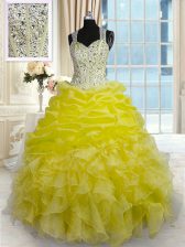 New Style Yellow Ball Gowns Beading and Ruffles Sweet 16 Quinceanera Dress Zipper Organza Sleeveless Floor Length