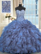 Flirting Sweetheart Sleeveless Quinceanera Gowns Brush Train Beading and Ruffles Blue Organza