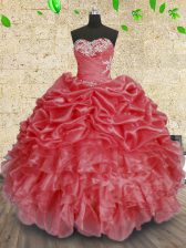  Coral Red Sleeveless Beading and Appliques and Ruffles and Ruching Floor Length Sweet 16 Dresses