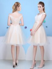 Classical Champagne Cap Sleeves Bowknot Knee Length Dama Dress
